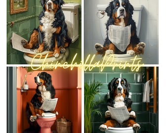 Berner Sennenhund Sitting on the Toilet and Reading the Newspaper Fun Bathroom Wall Decor Fun and Quirky Animal Prints