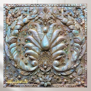 Könnte beinhalten: Ein dekoratives Wandkunststück aus irisierendem Perlmutt, das ein florales Design mit einer zentralen Blume und filigranen Details zeigt. Das Stück ist in einem goldfarbenen Metallrahmen gerahmt.