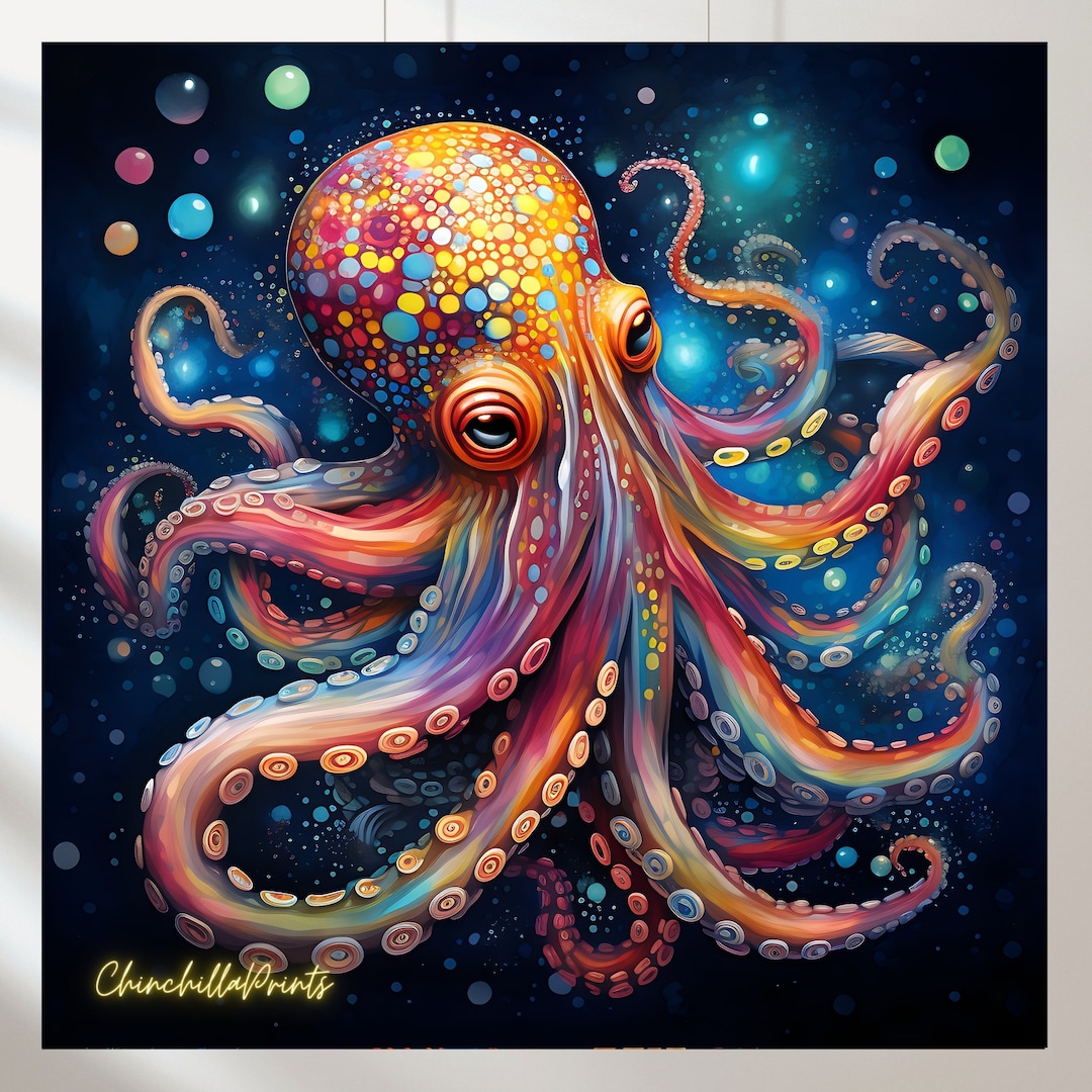Set of 5 Cosmic Octopus Art Prints: Sea Creature Illustrations (digital ...