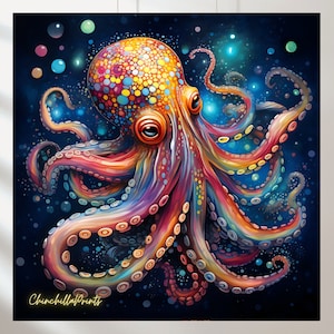 Set van 5 kosmische octopuskunstafdrukken: illustraties van zeedieren (digitale download)