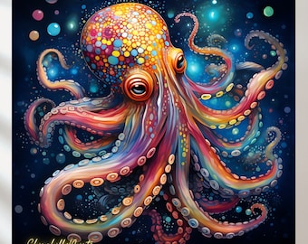 May include: A colorful octopus with a rainbow pattern and a dark blue background. The octopus has many tentacles with suction cups and is surrounded by small, colorful bubbles.