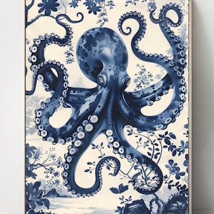 May include: A blue and white octopus illustration. The octopus is the focal point, with its tentacles gracefully curving around the image. The background features floral and botanical elements, creating a decorative and artistic design.