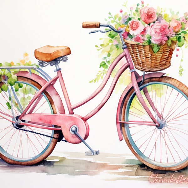 Bicycle art print, Bicycle vintage art, Bicycle with flowers, chic Bicycle print, Bicycle wall art, Bicycle with Flower Basket, watercolor