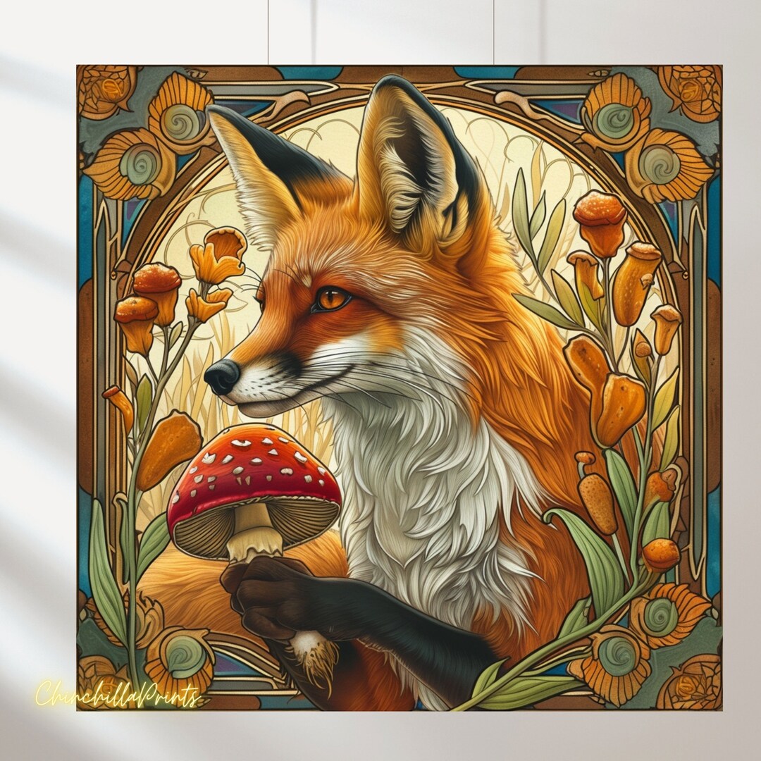 Art Nouveau Fox Print Set: William Morris Style Green
