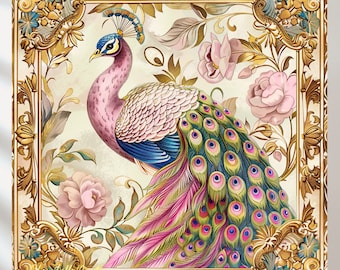 Shabby Chic Style Peacock Art Nouveau Peacock, Beautiful Peacock in Flowers, Wall Art, Tile Design, Instant Download