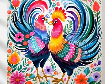 May include: Two colorful roosters with bright blue, green, yellow, pink, and purple feathers stand facing each other against a white background with green leaves and pink, orange, and purple flowers.