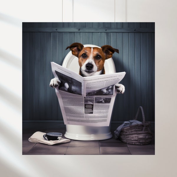 Jack russell terrier Jack russell sitting on the toilet and reading a newspaper Fun bathroom wall decor Fun and unusual animal prints