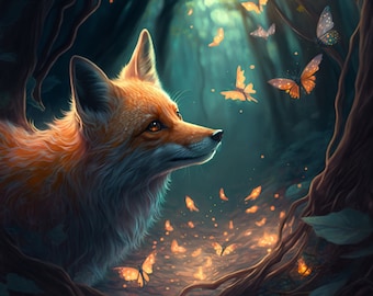 Fox, Fantasy art, fairytale art, fantasy print, fantasy fox art print, fox painting, fantasy forest art, fantasy  Butterflies Art