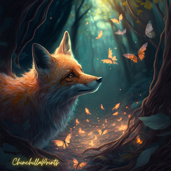 Fox, Fantasy art, fairytale art, fantasy print, fantasy fox art print, fox painting, fantasy forest art, fantasy  Butterflies Art