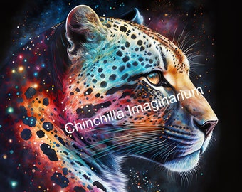 Impression d'art Jaguar Illustration de Jaguar cosmique Téléchargement instantané Grands félins Nuit fantastique Ciel étoilé Galaxie abstraite