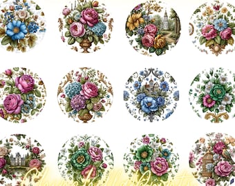May include: A collection of round floral designs featuring various bouquets of roses, hydrangeas, and other flowers in shades of pink, blue, and green. Some designs include architectural elements like castles and birdcages, all set against a white background.