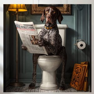 May include: A German Shorthaired Pointer dog is seated on a toilet, reading a newspaper. The dog has brown and white speckled fur and a yellow collar. The newspaper has the headline "REFORGETS POUNDS". The bathroom has a vintage aesthetic.