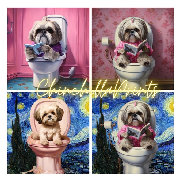 5 Shih Tzu Sitting on the Toilet Shabby Chic Oil Painting Bathroom Decor Vintage