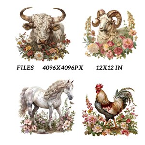 May include: Four digital illustrations of animals surrounded by flowers. The images include a bull, a ram, a horse, and a rooster. The text "FILES 4096X4096PX 12X12 IN" is displayed below the images.