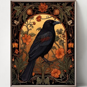 May include: Framed art print featuring a black crow perched on a branch, set against a golden backdrop. The artwork is adorned with orange flowers and intricate green foliage, creating a decorative and nature-inspired design.