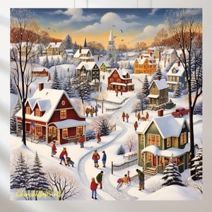 Set of 2 Winter Village Art Print, Christmas Snow Scene (Digital Download)