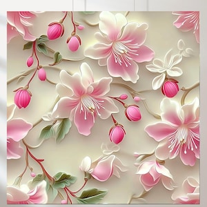 Puede incluir: Un diseño floral con flores rosas y blancas, hojas verdes y capullos rosas sobre tallos marrones. Las flores tienen pétalos detallados sobre un fondo beige claro.