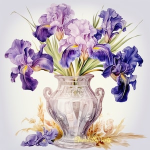 Shabby Chic Set of 5 Watercolor Irises in a Vase Clipart Watercolor Images - Digital Download