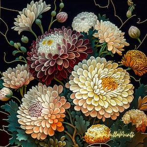 Może przedstawiać: Zbliżenie na obraz przedstawiający bukiet białych, żółtych i bordowych chryzantem z zielonymi liśćmi na czarnym tle. Obraz jest podpisany "chillaPrints" w prawym dolnym rogu.