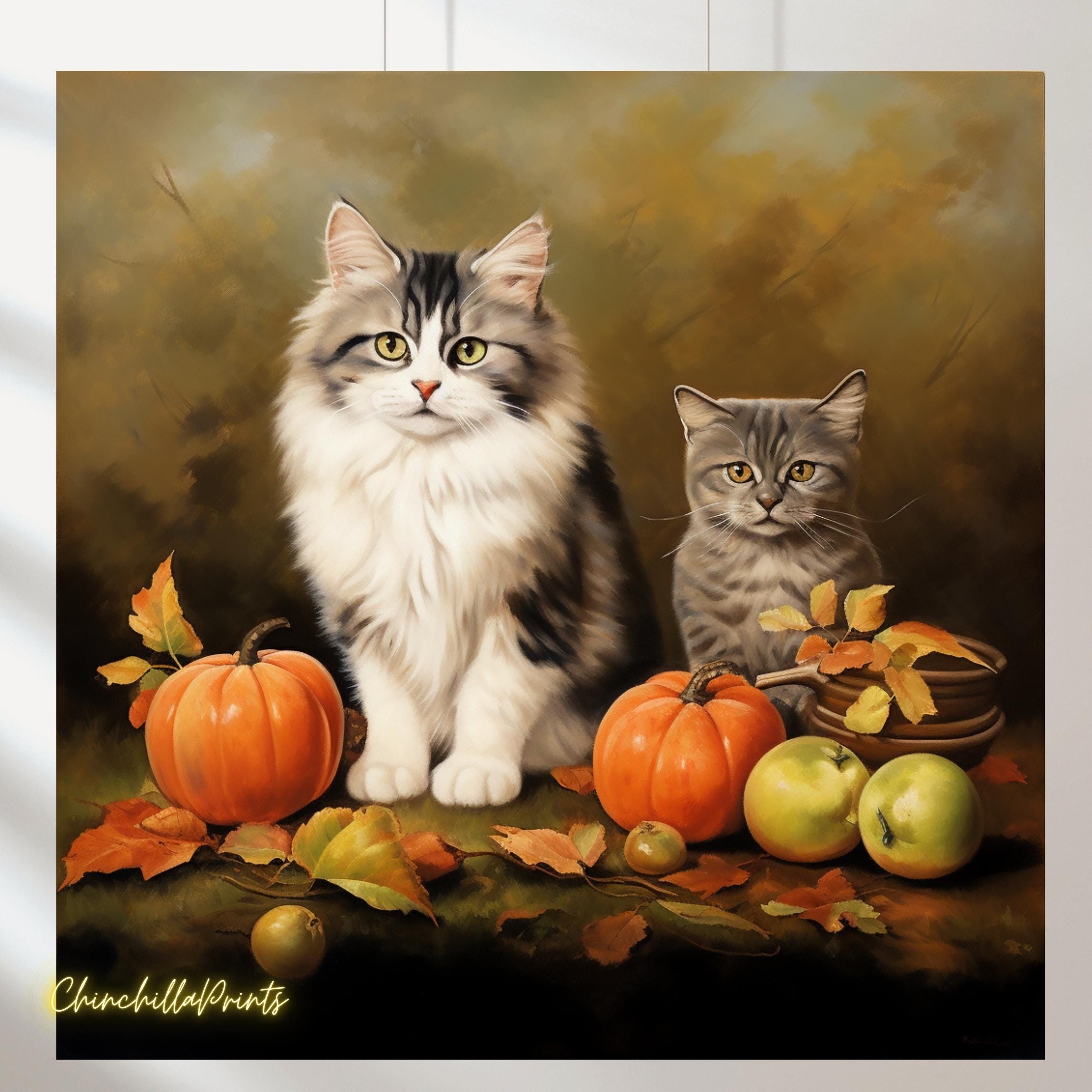 ハロウィン用のカボチャとヴィンテージ猫のイラスト5点セット。商用 