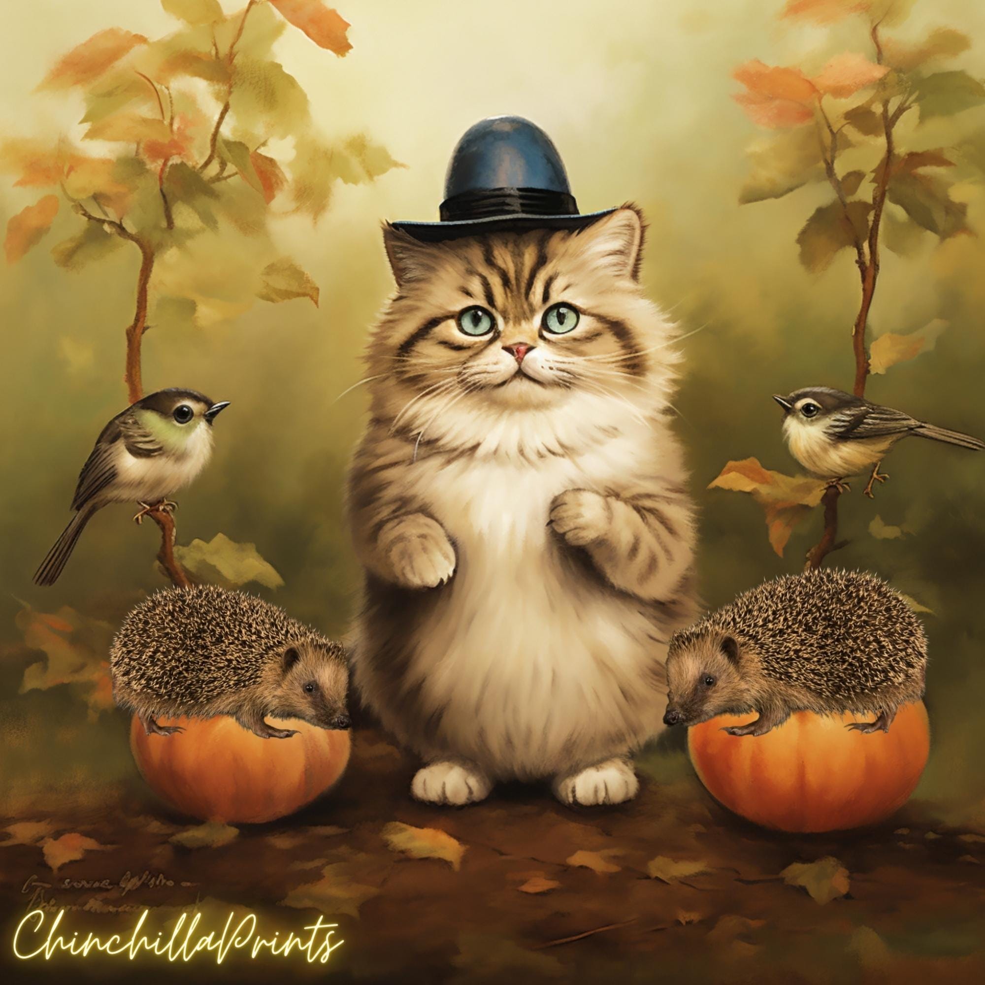 ハロウィン用のカボチャとヴィンテージ猫のイラスト5点セット。商用 