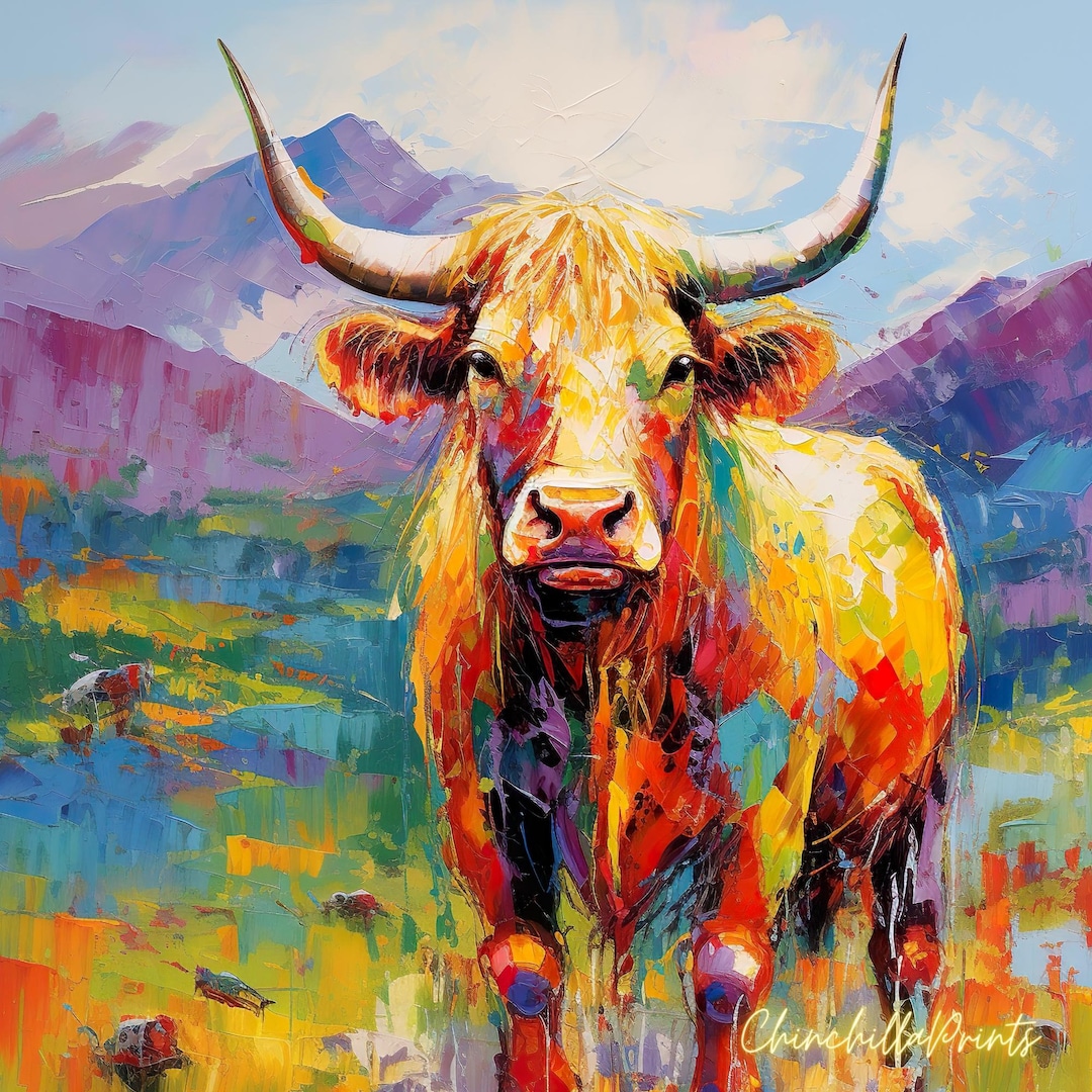 Highland Cow Canvas Wall Art Colorful Vibrant Oil Painting Etsy