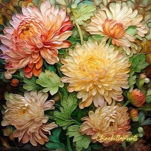 May include: A close-up of a floral arrangement featuring five chrysanthemums in shades of white, yellow, and orange. The flowers are arranged in a cluster with green leaves and stems.