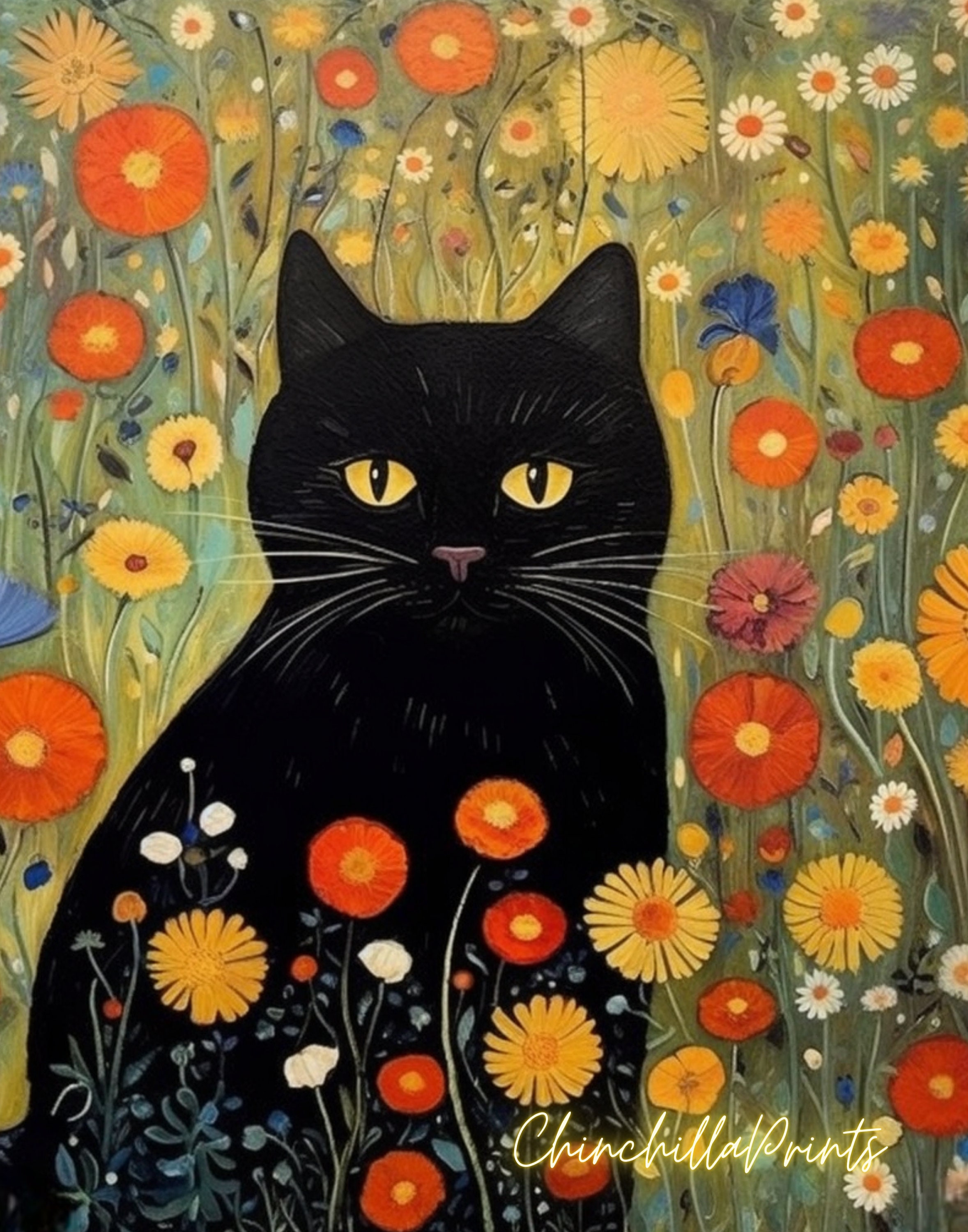 グスタフ・クリムト風猫アートプリント5枚セット：フラワーガーデン