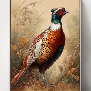 May include: A framed print of a pheasant in a natural setting. The bird has vibrant plumage in shades of orange, brown, black, and green. It stands amidst tall grasses and autumn leaves, with a soft, neutral background.