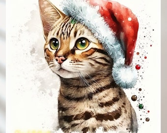 Bengal Cat Watercolor Painting – Cat Wearing Green Bow (Digital Print)