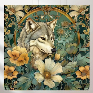 May include: A decorative square print featuring a wolf's head surrounded by flowers. The wolf is depicted in shades of gray and tan, set against a backdrop of green and gold floral patterns. The flowers are in shades of yellow and cream.