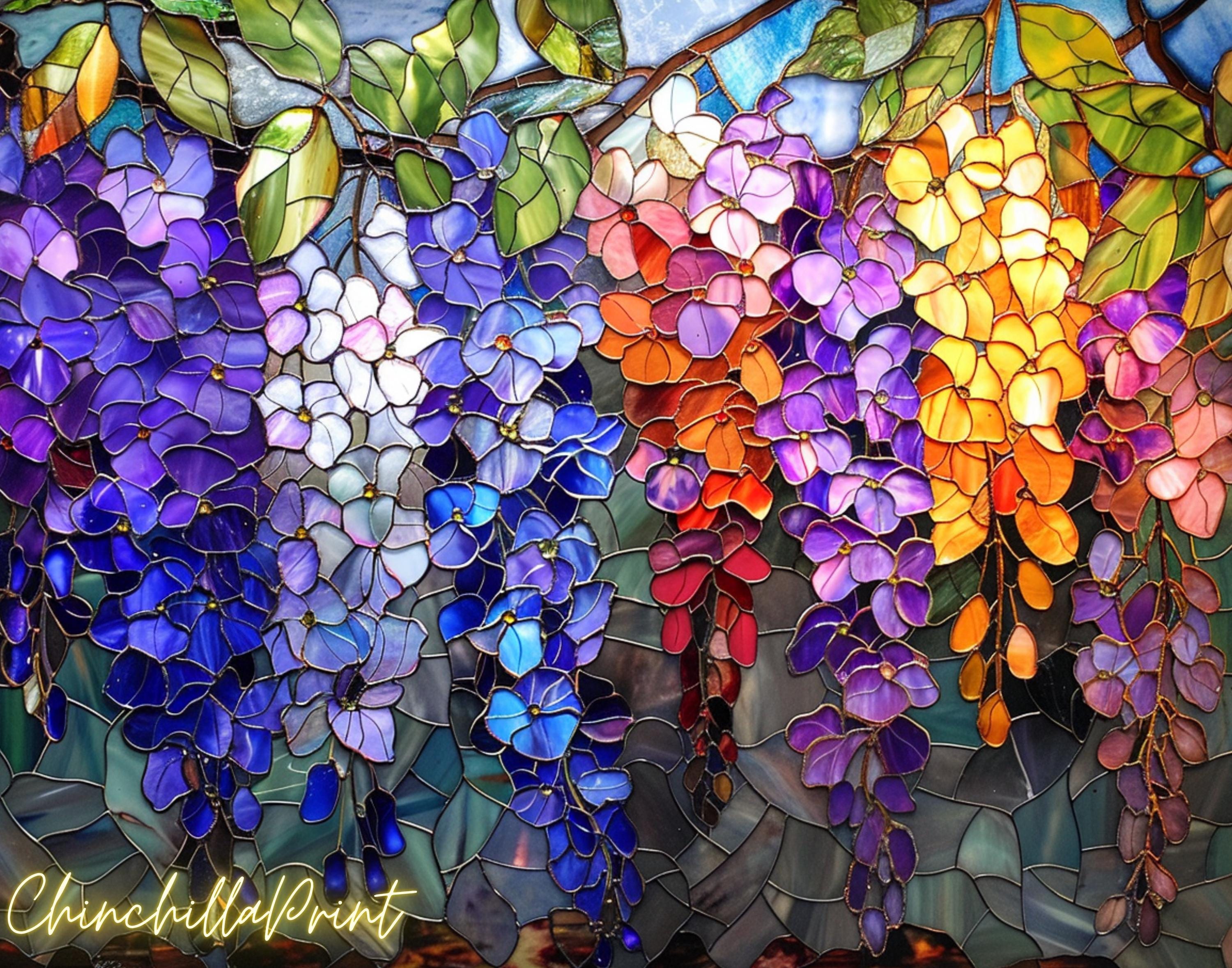 藤のステンドグラス 5枚セット 鮮やかな花の絵画（デジタル