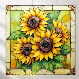 May include: Stained glass panel featuring a vibrant arrangement of sunflowers. The artwork showcases bright yellow petals, dark brown centers, and green leaves, all set against a light green and yellow background. The panel is framed with a decorative border.