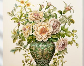 Set van 10 chinoiserievaas aquarelkunstafdrukken: Chinese stijl uit het midden van de eeuw (JPG-bestanden)