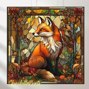 May include: A stained glass style illustration of a red fox sitting in a forest setting. The fox is surrounded by colorful leaves and flowers. The image has a vintage feel and is perfect for a nature lover.