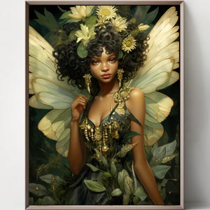 May include: A framed art print depicting a woman with dark curly hair decorated with flowers. She wears a dark green dress with gold detailing and large, pale wings. The background is a dark green with foliage.
