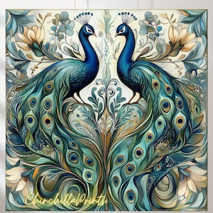 Pode incluir: Dois pavões com plumagem vibrante azul e verde se olham em um design simétrico. Suas caudas se espalham em forma de coração, criando um belo e intrincado padrão de penas com olhos iridescentes.