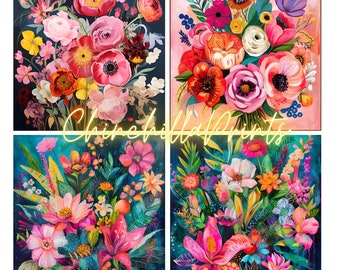 Eclectic Floral Poster - Flower Wall Art - Colorful Bouquet Painting - Instant Download