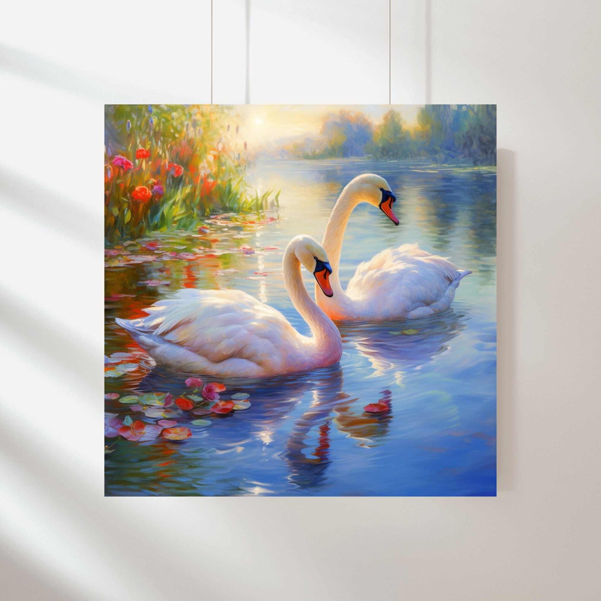 白鳥の湖のアートプリント3枚セット：穏やかな風景画（デジタル