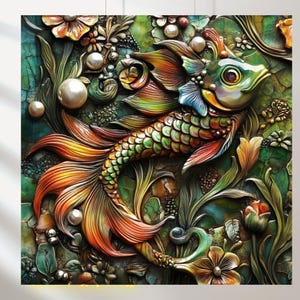 Juego de 5 piezas de camaleón de pájaro, decoración 3D de arcilla, ilustración de pájaro, mosaico de pájaro, póster original de azulejos florales, diseño Art Nouveau Art Déco
