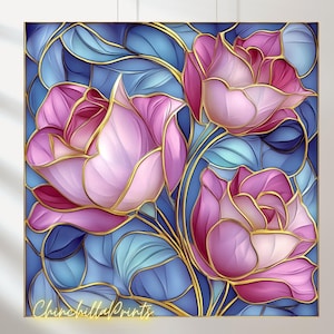 藤のステンドグラス 5枚セット 鮮やかな花の絵画（デジタル