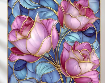 Könnte beinhalten: Eine Illustration im Stil von Buntglas mit drei rosa Rosen mit goldenen Umrissen auf blauem Hintergrund. Die Rosen sind in einem Strauß mit Blättern und Stielen angeordnet.