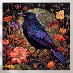 May include: A digital art print featuring a stylized bird with iridescent blue and purple feathers, perched amidst a vibrant floral arrangement. The artwork showcases a dark background with orange, red, and purple flowers, and the text "ChinchillaPrints" is visible.