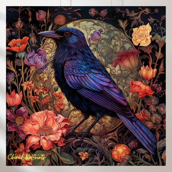 Set of 5 Raven Art Nouveau Poster: Gothic Victorian Crow Print (Digital Download)