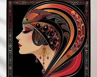 Ilustración de mujer art déco de lujo: Set de arte mural imprimible (descarga digital)