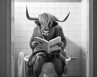 Cow in the toilet reading a newspaper, Cow on the toilet, Cow on a motorcycle, Cow in the pool, Funny pictures Set of 4 pieces