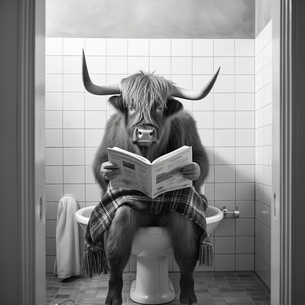 Cow in the toilet reading a newspaper, Cow on the toilet, Cow on a motorcycle, Cow in the pool, Funny pictures Set of 4 pieces