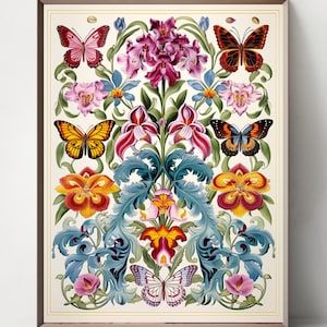 May include: A vintage-style illustration of a symmetrical floral arrangement with butterflies. The flowers are pink, red, yellow, and blue. The butterflies are orange, blue, and pink.