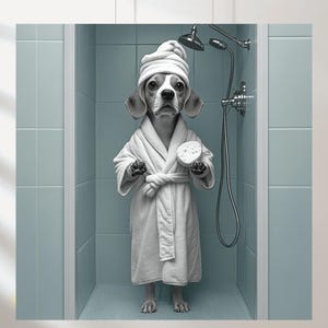 Beagle Set of 10 in the shower, Fun Bathroom Wall Decor, Fun and Quirky Animal Prints, Art Prints for Home