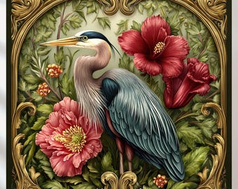Set of 5 Art Nouveau Heron Print: William Morris Style (Digital Download)